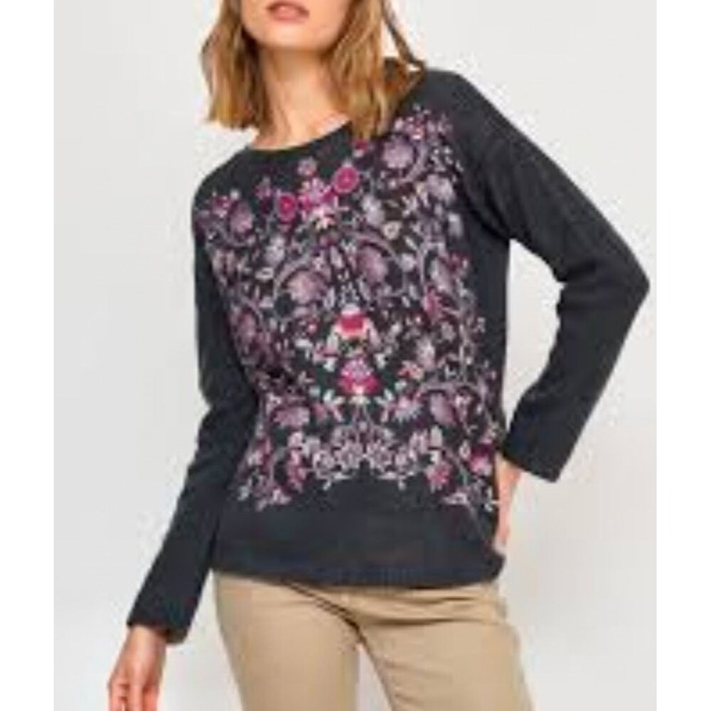 J Jill Size L Enchanted Floral Sweater Gray Pullover Soft Cottagecore *Read